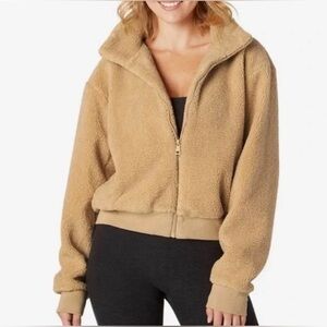 Beyond Yoga Zip-Front Teddy Bomber Jacket in Camel